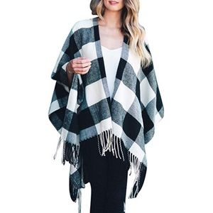 Knit Buffalo Plaid Checkered Wrap Blanket Poncho